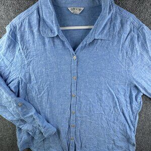 Orvis Women Linen Viscose Blend Button Up Shirt Blue Long Sleeve XL Adult